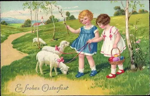 Ak Glückwunsch Ostern, Kinder, Lämmer, Weidenkätzchen