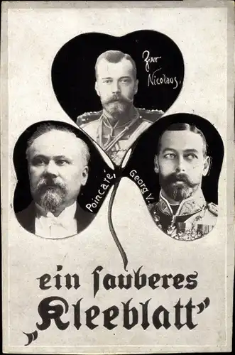 Passepartout Ak Ein sauberes Kleeblatt, Poincare, Georg V von Großbritannien, Zar Nikolaus II.