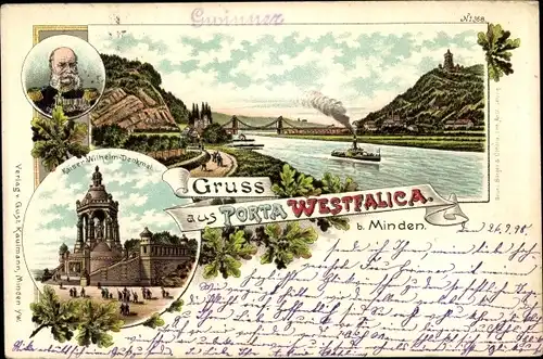 Litho Porta Westfalica in Nordrhein Westfalen, Kaiser Wilhelm I Denkmal und Portrait, Salondampfer