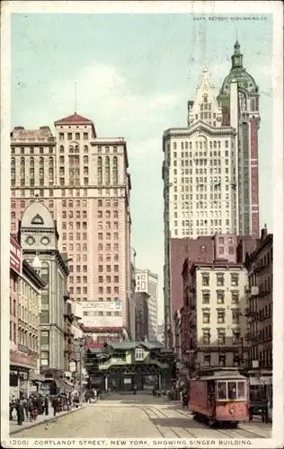 AK New York City USA, Cortlandt Street, Singer Building