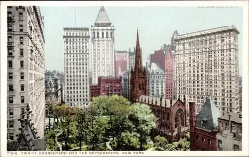 Ak Manhattan New York City USA, Trinity Churchyard, die Wolkenkratzer