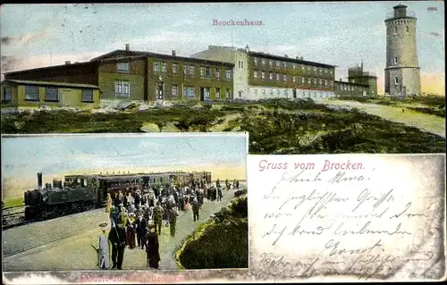 Ak Brocken Nationalpark Harz, Brockenhaus, Ankunft der Brockenbahn