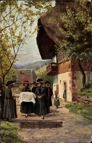 Künstler Ak Hoffmann, H., Kindtaufe, Frauen in Schwarzwälder Tracht, Berghaus