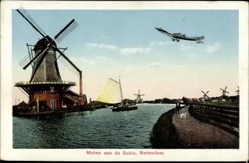 Ak Rotterdam Südholland Niederlande, Molen aan de Schie, Flugzeug, Segelboot