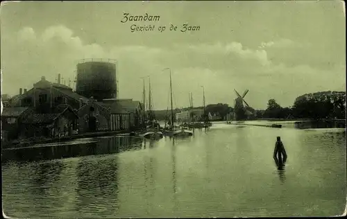 Ak Zaandam Zaanstad Nordholland, Zaan, Hafen, Windmühle