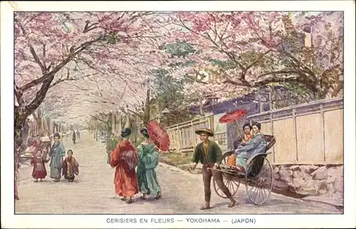 Künstler Ak Yokohama Präf. Kanagawa Japan, Cerisiers, Kirschblüte, Rikschafahrer, Spaziergänger