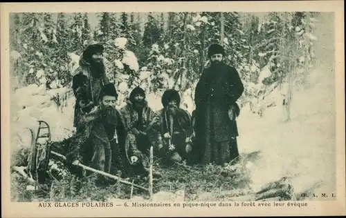 Ak Aux Glaces Polaires, Ein Halt im Wald der Missionare mit dem Bischof