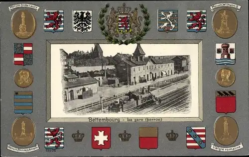 Präge Wappen Passepartout Ak Bettemburg Bettemburg Luxemburg, Bahnhof