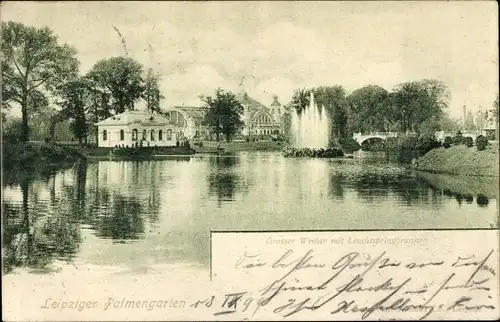 Ak Leipzig in Sachsen, Palmengarten, Großer Weiher mit Leuchtspringbrunnen