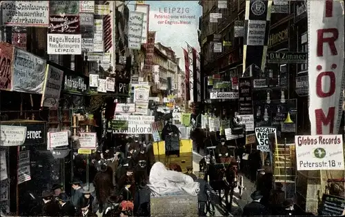 Ak Leipzig in Sachsen, Petersstraße während der Engros-Messe, Reklameschilder, Kutsche