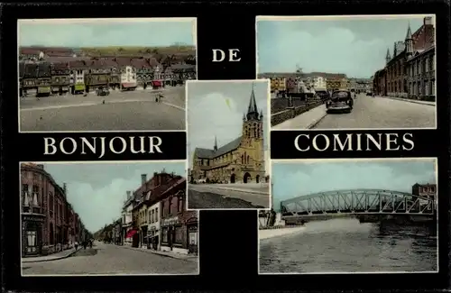 Ak Comines Wallonien Hennegau, Teilansicht, Straßenpartie, Brücke, Kirche