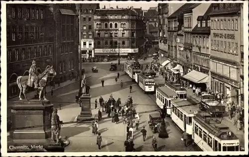 Ak Chemnitz Sachsen, Markt, Straßenbahnen Linie 1, Denkmal, Geschäft Uhlmann