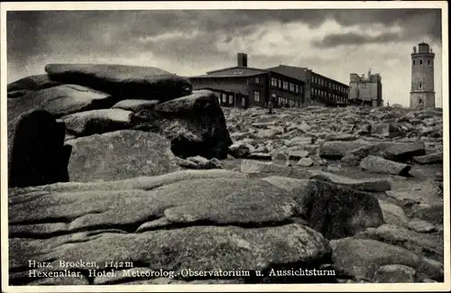 Ak Brocken Nationalpark Harz, Brockenturm, Brockenhotel, Hexenaltar, Meteorologisches Observatorium