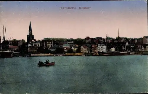 Ak Jürgensby Flensburg in Schleswig Holstein, Blick zur Stadt, Boot