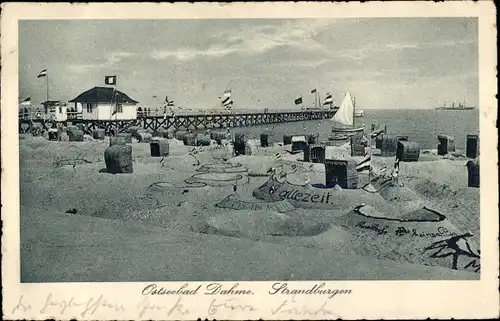 Ak Ostseebad Dahme in Holstein, Strandburgen, Seebrücke