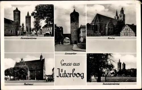 Ak Jüterbog, Dammtortürme, Zinnaertor, Kirche, Rathaus