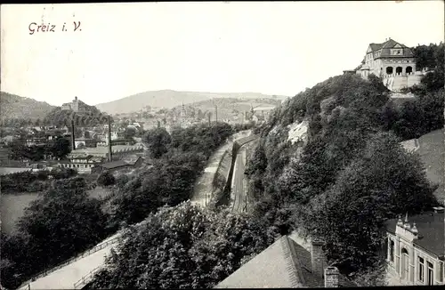 Ak Greiz in Thüringen, Teilansicht der Stadt, Bahnstrecke