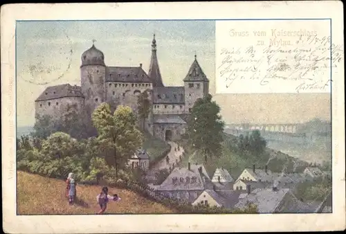 Künstler Ak Mylau Reichenbach im Vogtland, Kaiserschloss, Teilansicht vom Ort, Kinder auf Wiese
