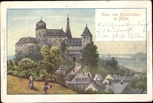 Künstler Ak Mylau Reichenbach im Vogtland, Kaiserschloss, Teilansicht vom Ort, Kinder auf Wiese