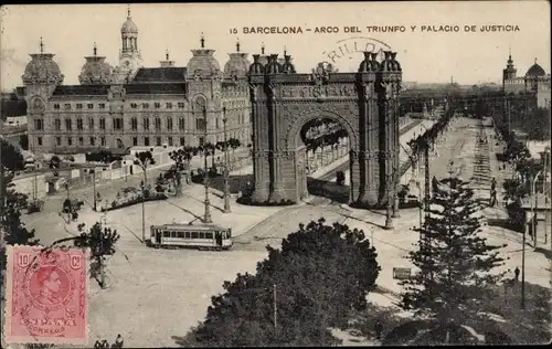 Ak Barcelona Katalonien Spanien, Arco de Triunfo y Palacio de Justicia, Straßenbahn, Torbogen