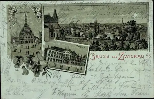 Mondschein Litho Zwickau in Sachsen, Rathaus, Panorama, Gewandhaus