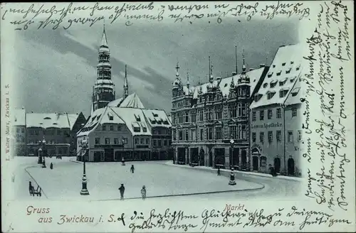 Mondschein Ak Zwickau in Sachsen, Marktplatz im Winter, Rathaus, Kirchturm