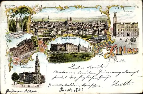 Litho Zittau in der Oberlausitz, Rathaus, Mandaukaserne, Postamt, Johanneum, Denkmal