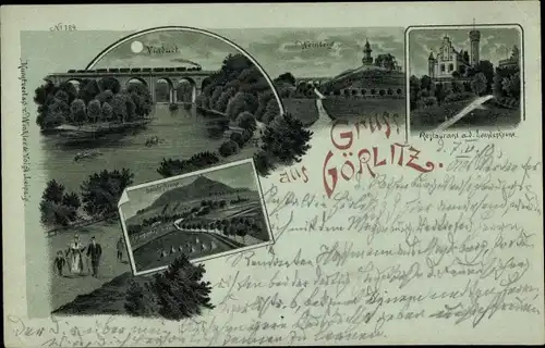 Mondschein Litho Görlitz in der Lausitz, Viadukt, Weinberg, Restaurant a. d. Landeskrone