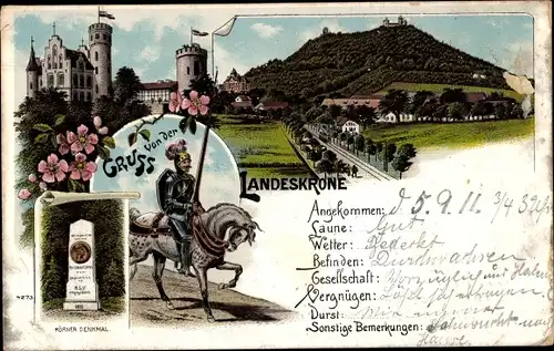 Litho Görlitz in der Lausitz, Landeskrone, Reiter, Ritter, Körner Denkmal