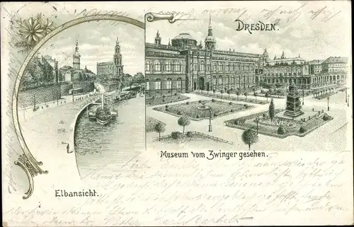 Litho Dresden Altstadt, Museum, Elbansicht