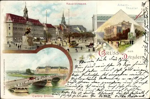 Litho Dresden, Hauptstraße, Albert Theater, Carola Brücke