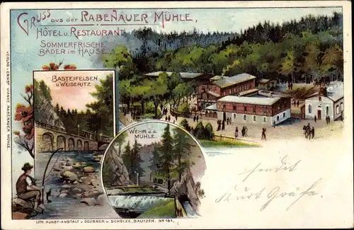 Litho Rabenau im Erzgebirge, Hotel und Restaurant, Basteifelsen, Weiseritz, Wehr, Mühle