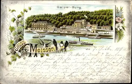 Litho Meißen in Sachsen, Geipelburg, Etablissement von Oscar Geipel, Weingroßhandlung, Dampfer