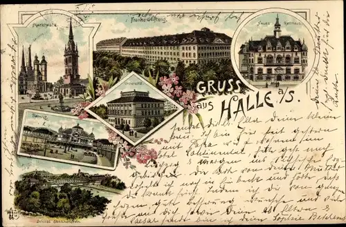 Litho Halle an der Saale, Marktplatz, Franke Stiftung, Neues Rathaus, Universität, Schloss, Bahnhof
