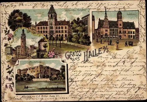 Litho Halle an der Saale, Postamt, Rathaus, Leipziger Turm, Moritzburg