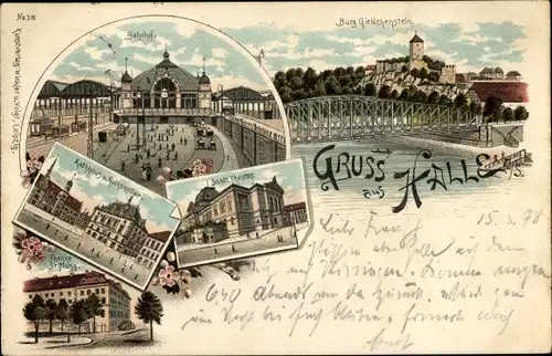 Litho Halle an der Saale, Bahnhof, Burg Giebichenstein, Theater, Rathaus, Franke Stiftung