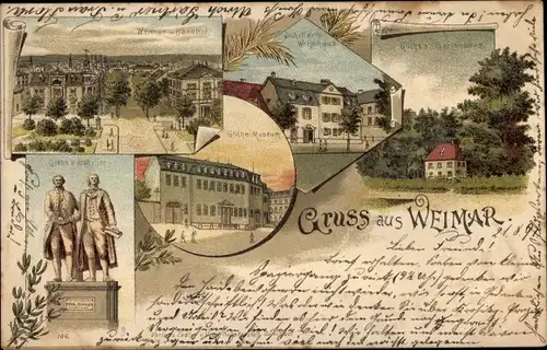 Litho Weimar in Thüringen, Bahnhof, Goethemuseum, Denkmal Goethe und Schiller, Weinhaus