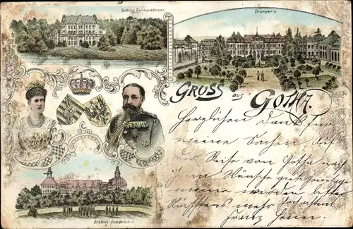 Litho Gotha Thüringen, Schloss Reinhardsbrunn und Friedenstein, Herzog Alfred, Orangerie, Wappen