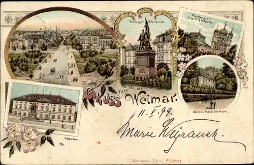 Litho Weimar in Thüringen, Goethehaus, Fürstengruft, Kriegerdenkmal, Theater, Griechische Kapelle