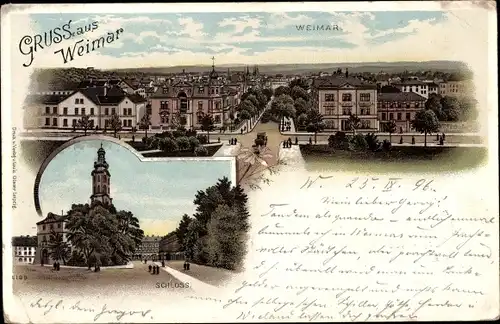 Litho Weimar in Thüringen, Gesamtansicht der Stadt, Partie am Schloss