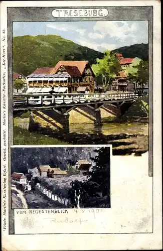 Künstler Ak Treseburg Thale, Blick vom Regentenblick, Brücke