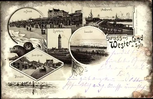 Litho Westerland auf Sylt, Leuchtturm, Damenbad, Herrenbad, Munkmarsch, Robben