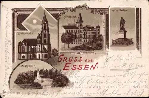 Mondschein Litho Essen im Ruhrgebiet, Alfredusbad, Krupp-Denkmal, Stadtgarten, Kreuzeskirche