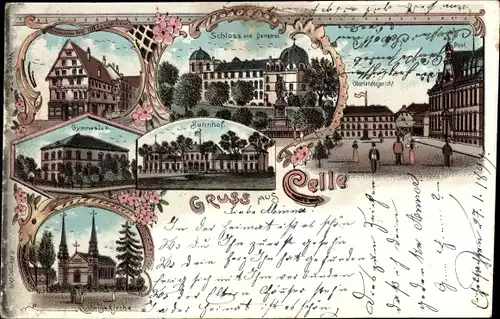 Litho Celle in Niedersachsen, Schloss, Denkmal, Post, Bahnhof, Kirche, Gymnasium