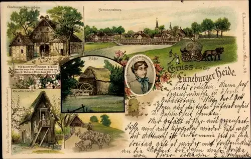 Litho Hermannsburg Südheide Niedersachsen, Lüneburger Bauernhaus, alter Speicher, Mühle, Bienenstock