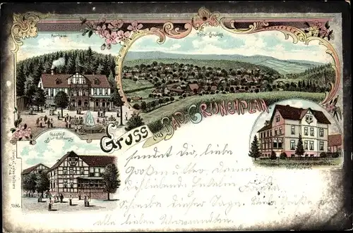 Litho Grünenplan Delligsen Niedersachsen, Gasthof zur Hoffnung, Kurhaus, Oberförsterei, Totalansicht