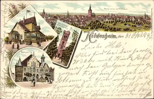 Litho Hildesheim in Niedersachsen, Gasthaus auf dem Galkenberg, Aussichtsturm, Rathaus, Panorama