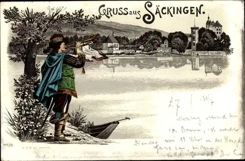 Litho Bad Säckingen am Hochrhein, Trompeter von Säckingen, Stadtansicht