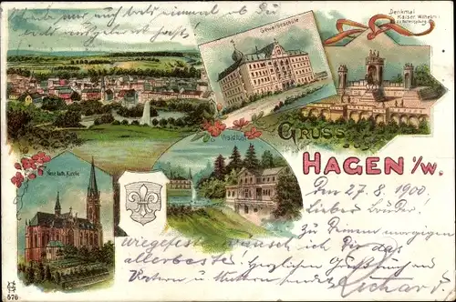 Wappen Litho Hagen in Westfalen, Neue katholische Kirche, Gewerbeschule, Denkmal Kaiser Wilhelm I.