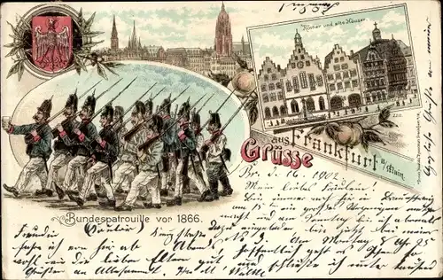 Wappen Litho Frankfurt am Main, Römer, Alte Häuser, Bundespatrouille vor 1866